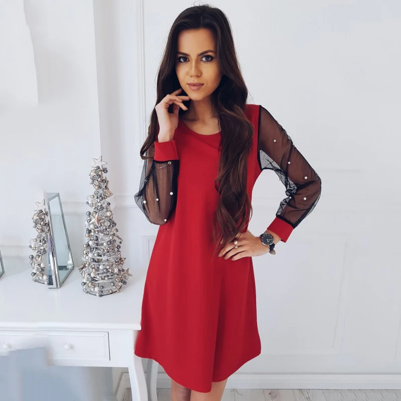 Женское платье с длинным рукавом Сетчатое жемчугом и о-вырезом | Женская одежда