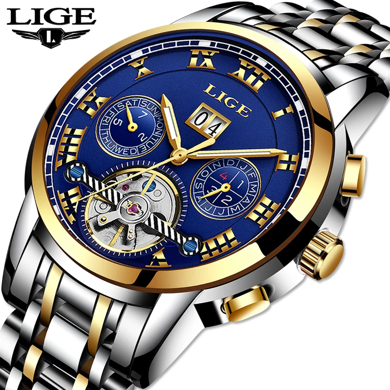 Фото LIGE Топ бренд класса люкс Tourbillon часы для мужчин из нержавеющей стали