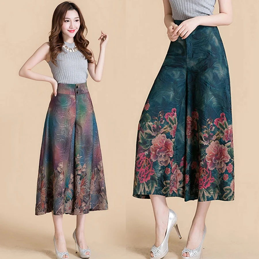 Spring Fall Women High Waist Wide Leg Loose Printed Floral Ankle Length Pants , Casual Female Woman 4xl Pleated Colored Trousers