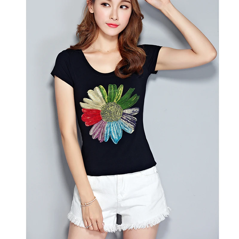 

2019 White Women fashion Rhinestones embroidery sunflower cotton tee t-shirts t-shirt t shirt for women summer shirt femme aa117