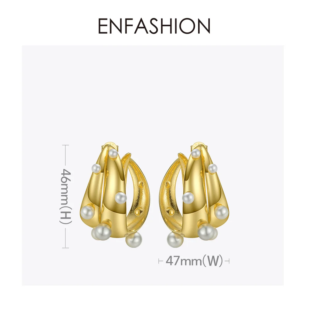 Женские серьги кольца ENFASHION в стиле панк с жемчугом золотистого цвета большие