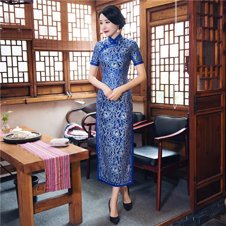 Новое поступление, ярко-розового цвета Для женщин кружева с длинным Cheongsam моды китайский Стиль элегантное платье Qipao Vestido Размеры S M L XL XXL XXXL 23621C
