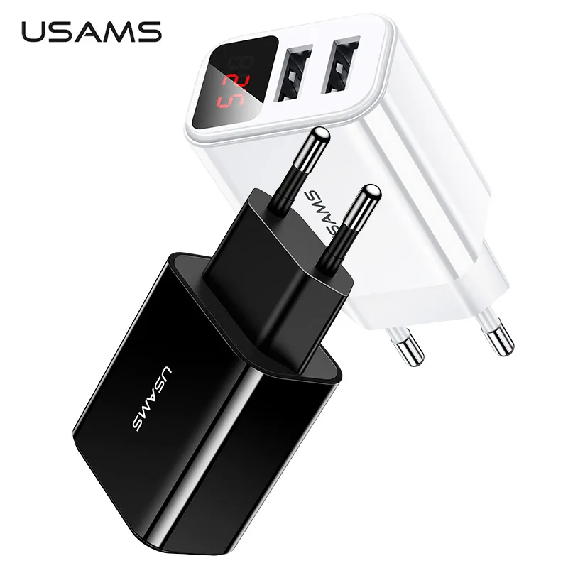 USAMS 2 USB EU LED дисплей зарядное устройство для iPhone Samsung Xiaomi 2.1A Быстрая зарядка