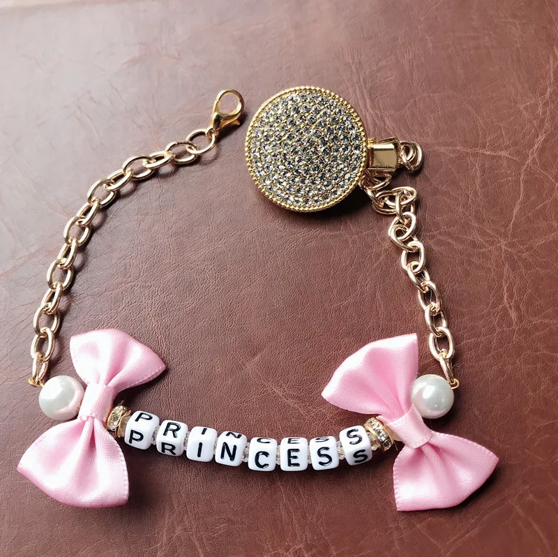 

MIYOCAR custom Bling rhinestone bow pink dummy clip holder pacifier clips holder and stroller chain stroller toy set