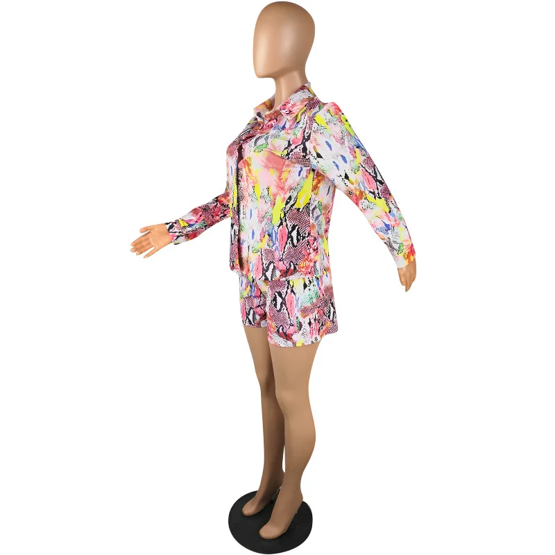 Autumn Printed 2 Piece Outfits Casual Woman Long Sleeve Coat And High Elastic Waist Shorts Set | Женская одежда