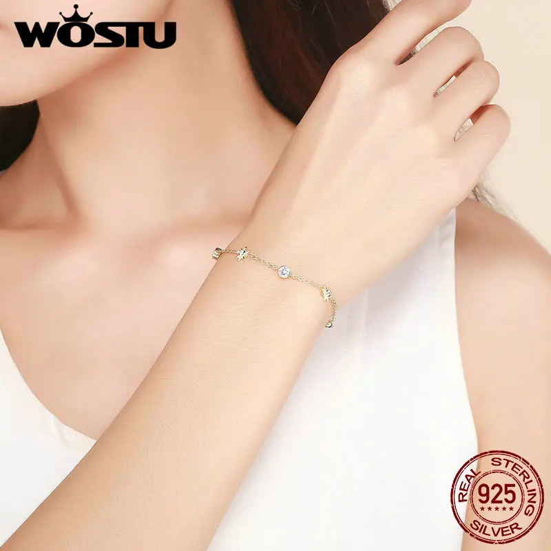 WOSTU Fashion Sterling Silver 925 Bracelets Gold Color Shining Star Zircon Chain Link For Women Jewelry DXB122 | Украшения и