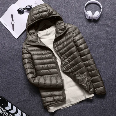 hooded army green Однотонная мужская пуховая куртка осень-зима мужская с капюшоном и стоячим воротником белое пуховое пальто Мужская тонкая легкая тонкая теплая верхняя одежда - Цвет: hooded army green