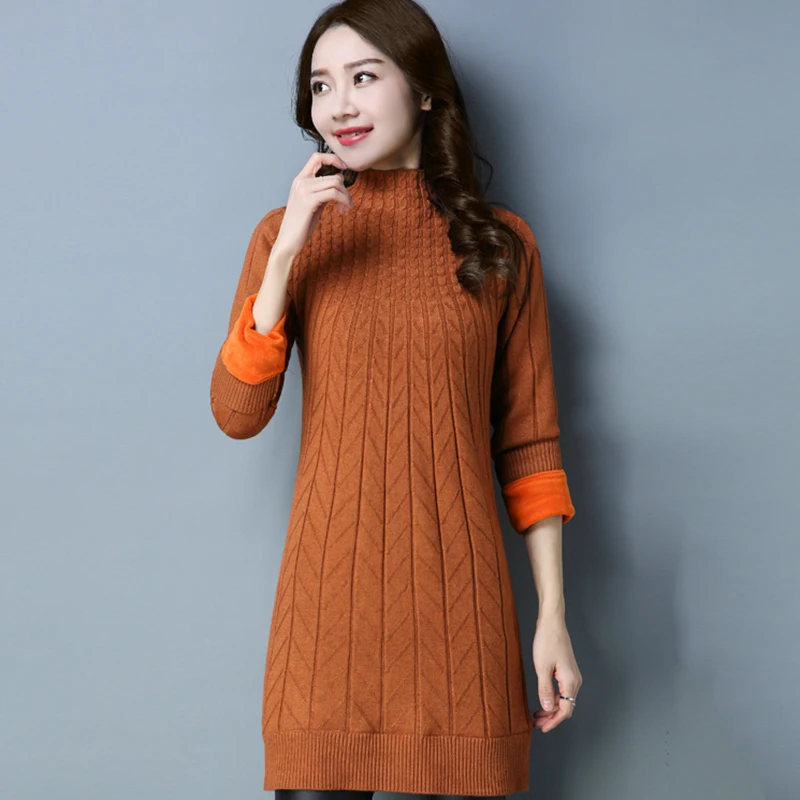Autumn Winter New Half high collar Plus velvet Warm Sweater Women Long Knitted Pullover Large size LJ030 | Женская одежда