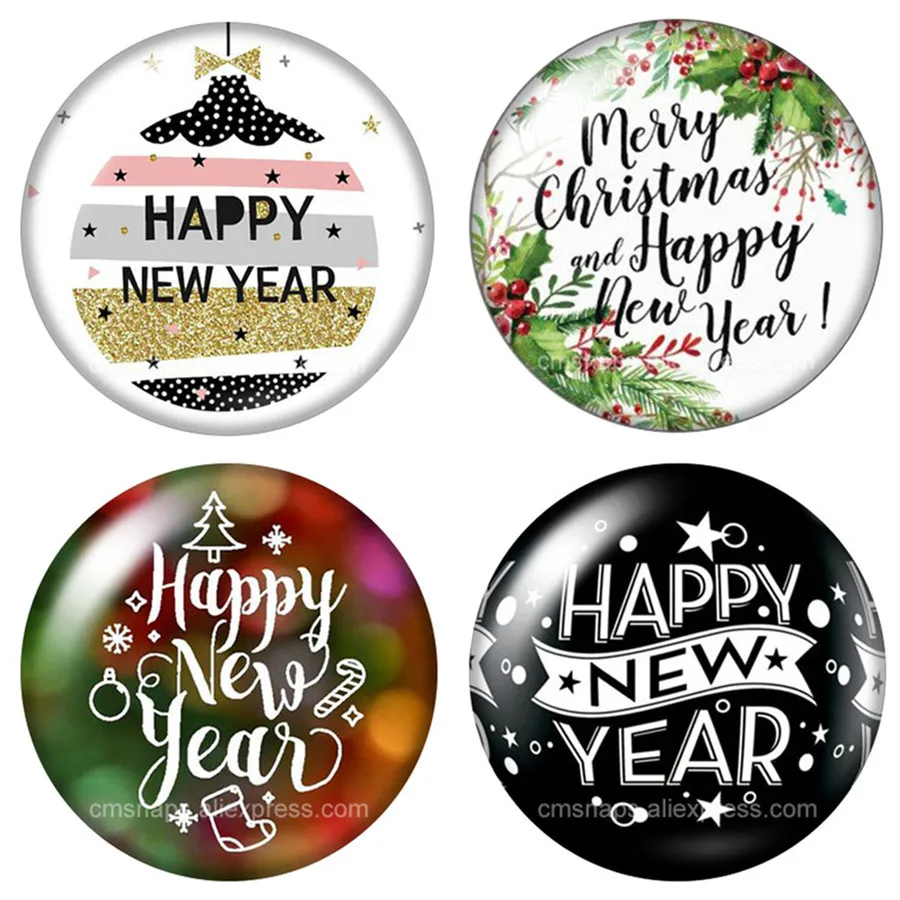 Счастливый Новый год Старт 10 штук смешанных 12мм/16мм/18мм/25мм круглые фотостеклянные кабошоны для создания плоских креплений.