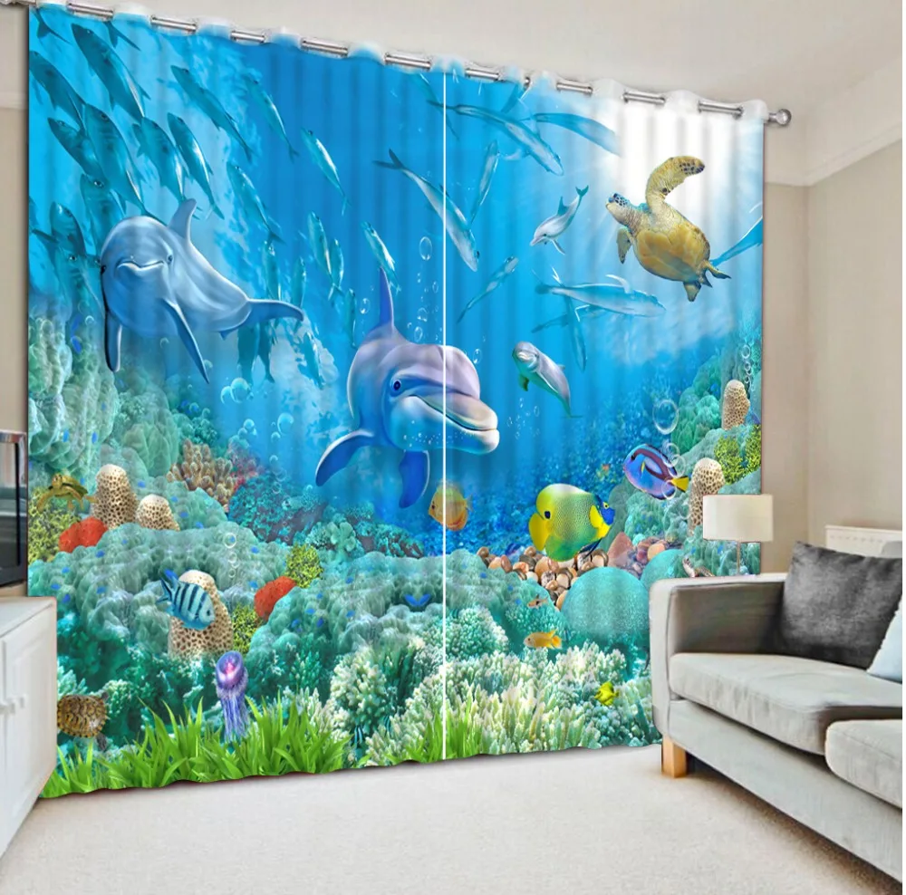 

Modern Window Curtains For Kids Room Custom Photo Curtain 3D Paint understand world dolphin Bedroom Curtains