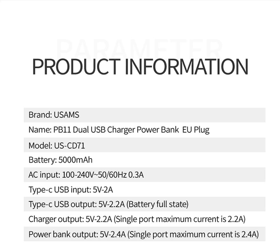 USAMS 5000 мАч Внешний аккумулятор 2 в 1 EU/US складная вилка USB зарядное устройство Быстрая зарядка внешний аккумулятор Двойной USB внешний аккумулятор