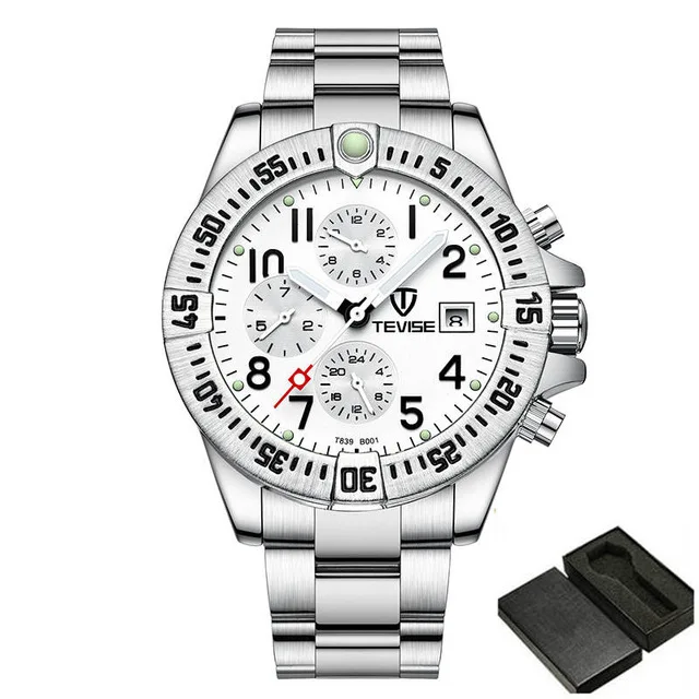 TEVISE Luxury Brand Men Automatic Mechanical Watch Male All Stainless steel Skeleton Luminous Wristwatch Relogio Masculino+BOX - Цвет: silver white