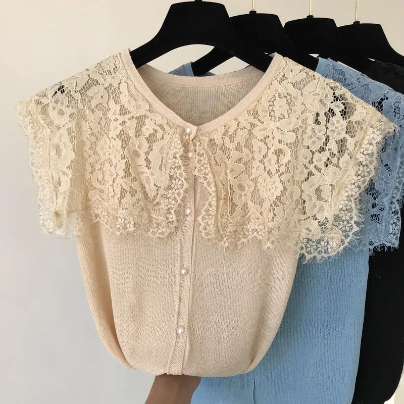 ALPHALMODA Летний Женский вязаный кардиган с кружевным воротником, однобортный кружевной кардиган в стиле пэчворк, милая Повседневная летняя одежда