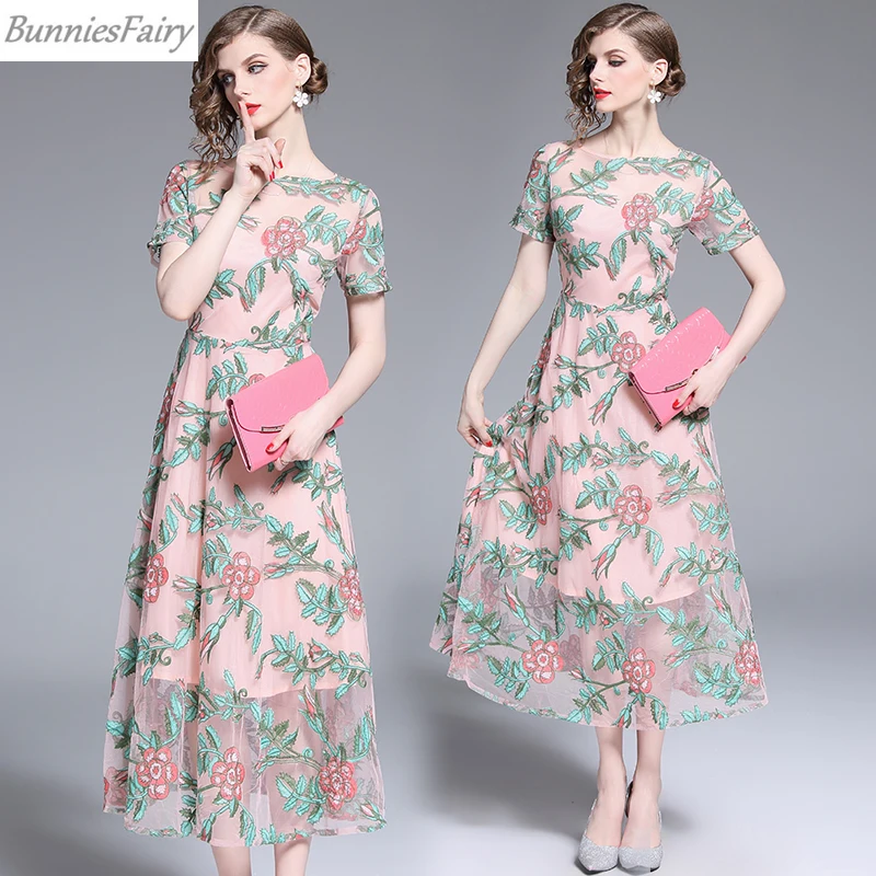 BunniesFairy 2019 летнее элегантное милое цветочное вышитое розовое Сетчатое платье феи