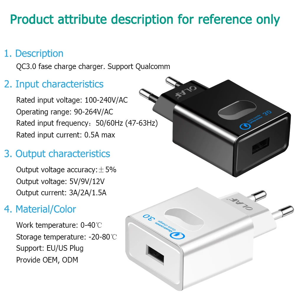 OLAF EU/AU/US вилка USB зарядное устройство QC3.0 QC2.0 18 Вт портативное настенное для Huawei P20