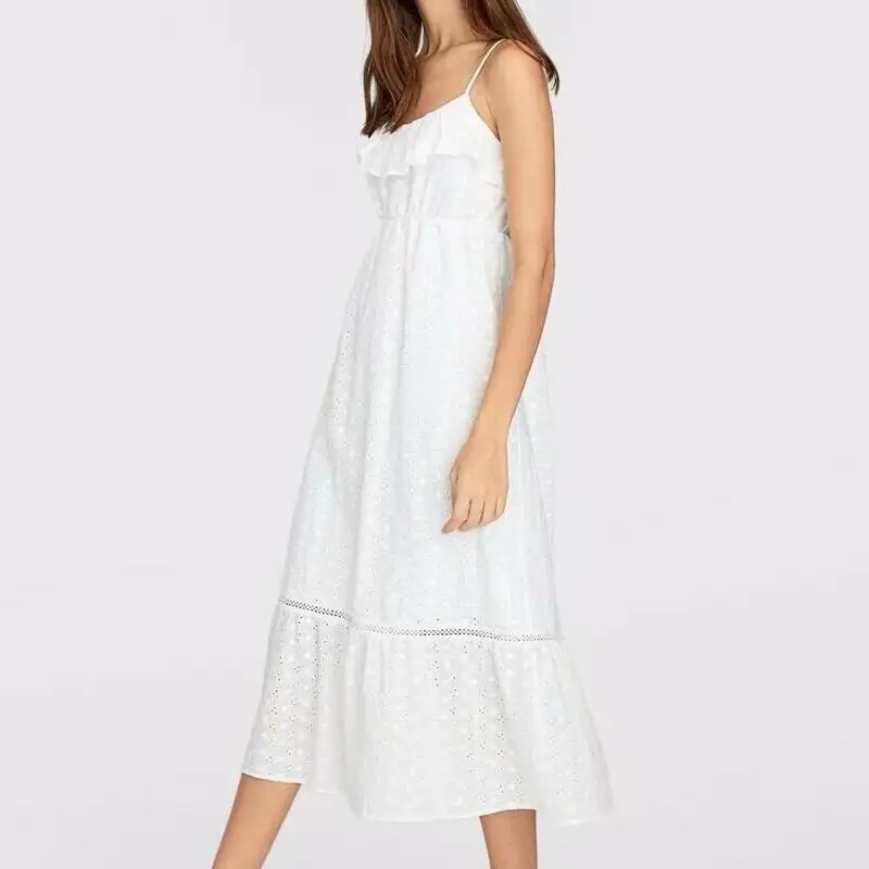 Женское белое платье 2019 Новая мода вышивка выдалбливают спагетти ремень Feminino