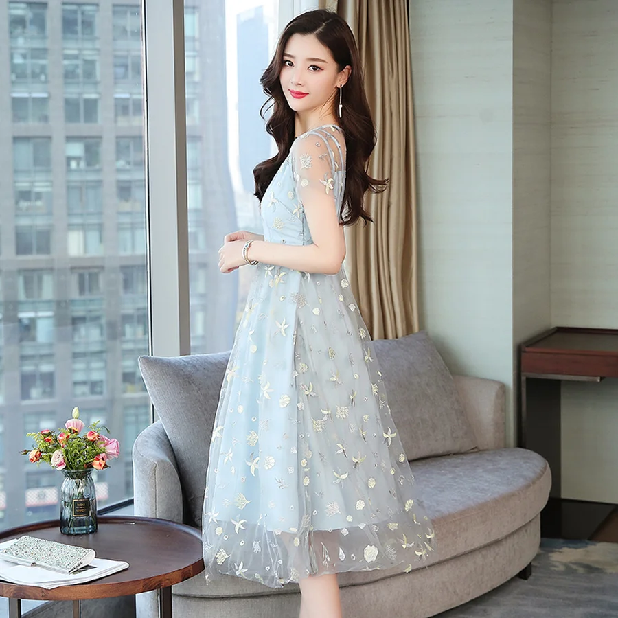 2019 Korean Vintage Boho Sundress Summer Plus Size Mesh Lace Dresses Elegant Women Bule Beach Midi Bodycon Short Sleeve Vestidos | Женская