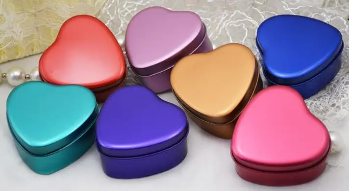

Wholesale 100 Pieces Heart Shape Mint Tin 7 Color Metal Chocolate Gift Candy Box for Wedding Party Supplies EMS Free Shipping