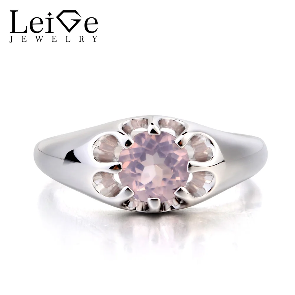 

Leige Jewelry Wedding Ring Real Natural Pink Quartz Ring Pink Gemstone 925 Sterling Silver Lovely Flower Shape Ring for Girls