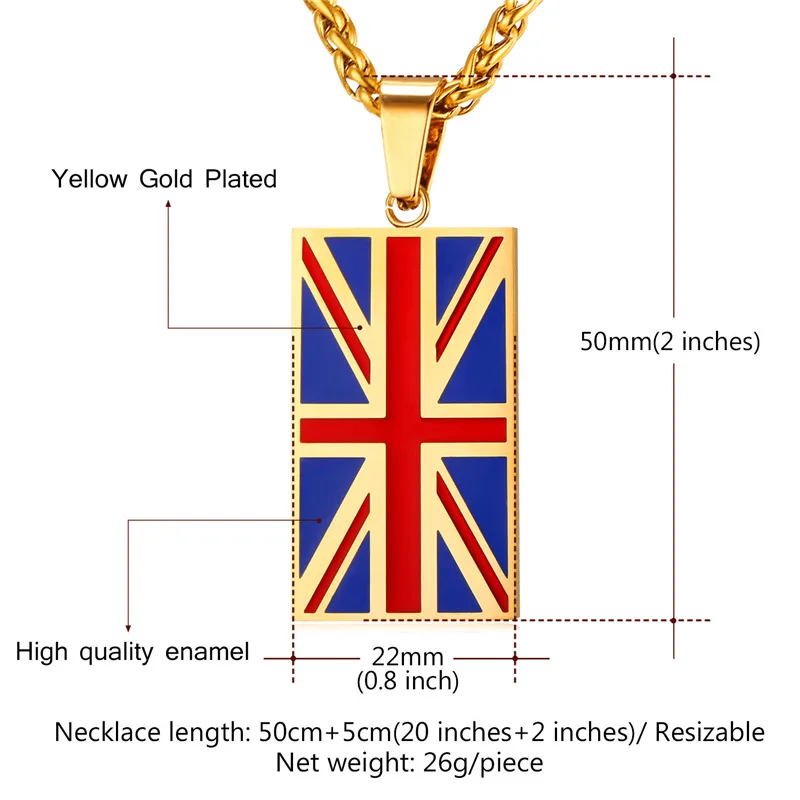 Флаг Великобритании ожерелья и подвески желтого золота цвет нержавеющая сталь