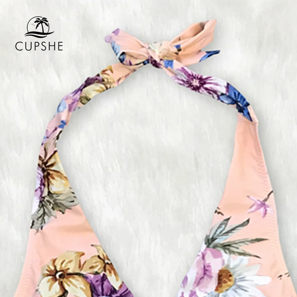 CUPSHE розовый цветочный и черный полосатый Цельный купальник с лямкой через шею 2019