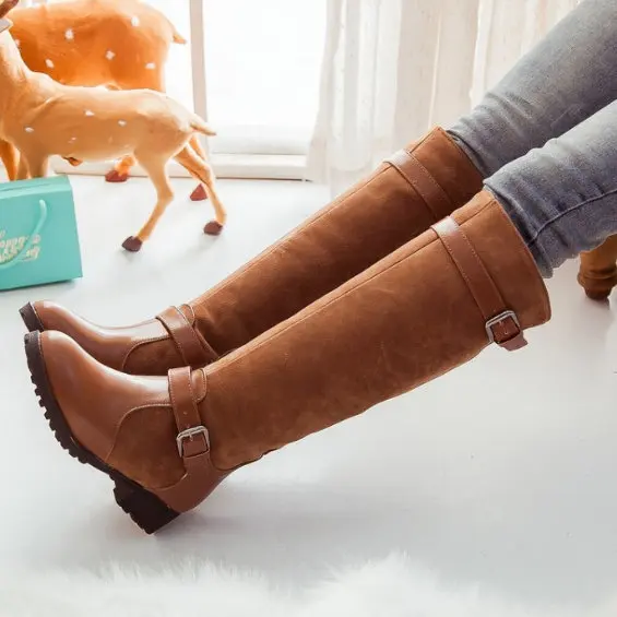 Мода пряжки ремня женщины стиле вестерн толстый каблук искусственные замши