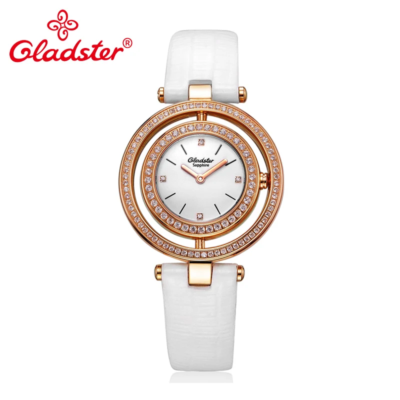 Женские кварцевые наручные часы Gladster Diamond красный кожаный сапфировый кристалл