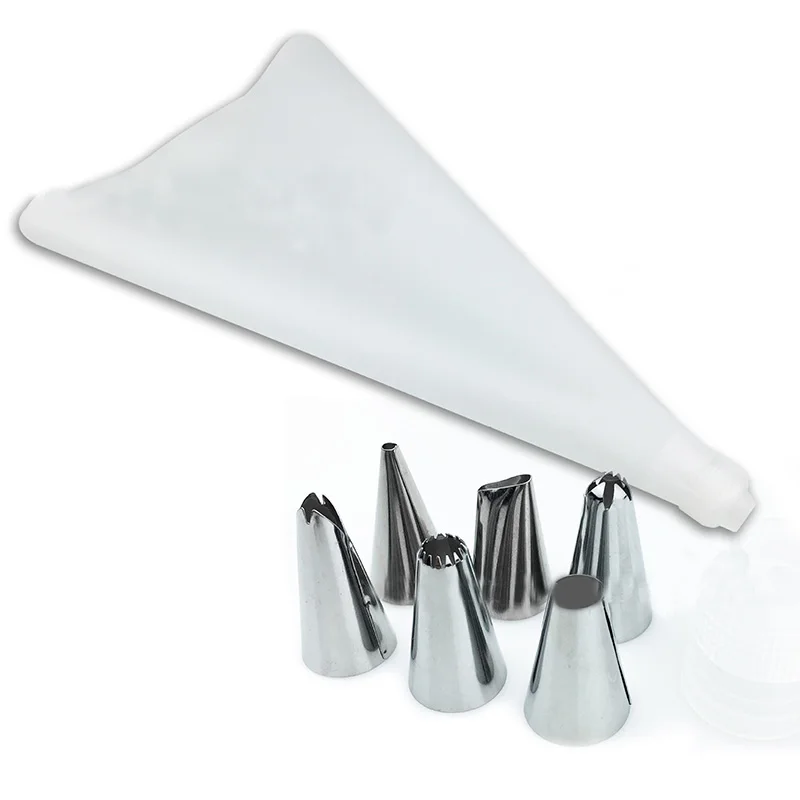 

8 PCS/Set Silicone Kitchen Accessories Icing Piping Cream Pastry Bag + 6 Stainless Steel Nozzle Set DIY Cake Decorating Tips Set