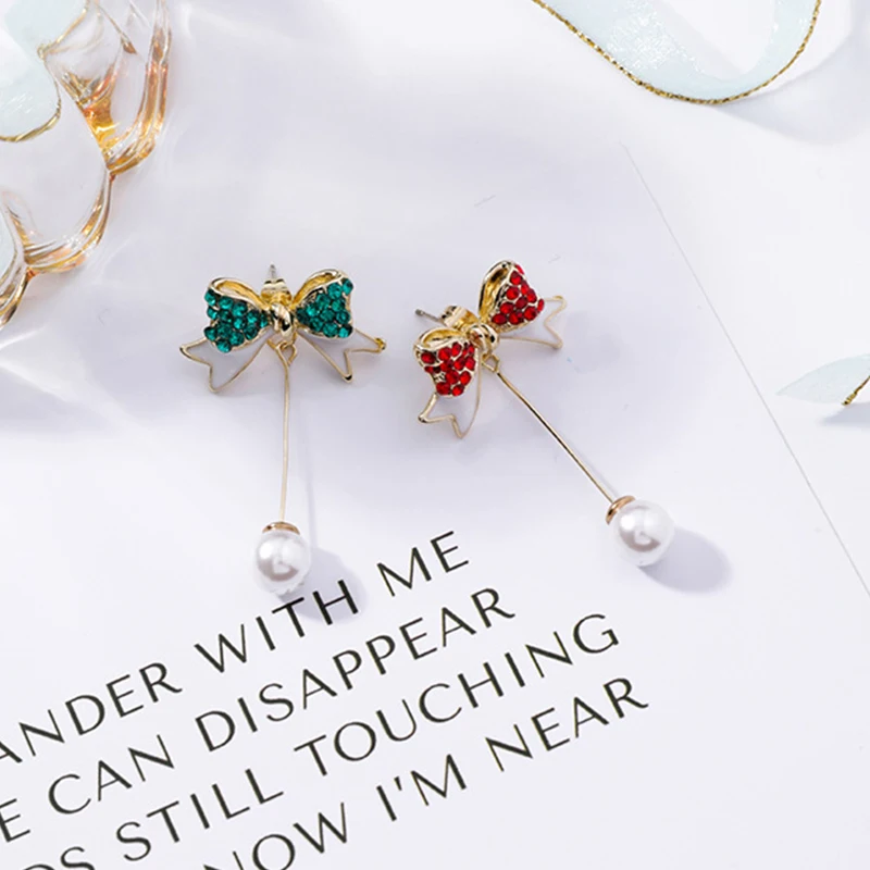 925 Silver Pin Christmas Inlaid Color Full Zircon Bow Pearl Dangle Earrings Long Tassels Back Hanging Drop Earring for Women | Украшения и