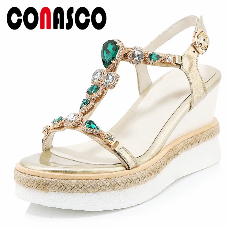 

Женские босоножки CONASCO, с круглым носком, на платформе, с пряжкой, украшенные кристаллами, туфли для вечеринок, лето 2021