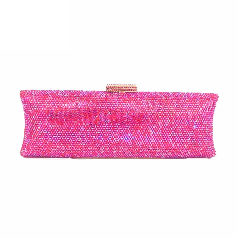 Fuchsia Evening Bag Двойной цветок элегантные ослепительно градиентный фиолетовый цвет Для женщин вечерние сумочки-клатчи со стразами металлической фурнитурой с длинным свадебная сумочка кошелек - Цвет: Fuchsia Evening Bag