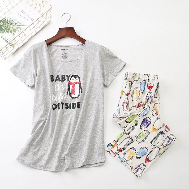 Penguin grey Женский пижамный комплект, летняя Милая одежда для сна с рисунком животных, милый корейский стиль, свободная тонкая женская домашняя одежда, мягкая повседневная одежда - Цвет: Penguin grey