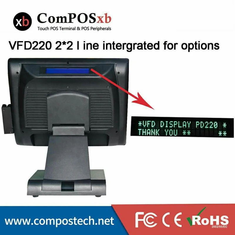 Недорогая 15-дюймовая сенсорная система POS с кардридером и дисплеем VFD для
