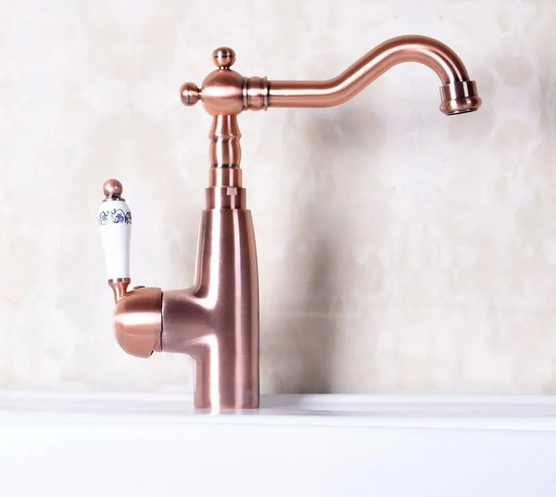 

Antique Red Copper Brass Single Ceramic Handle Bathroom Kitchen Basin Sink Faucet Mixer Tap Swivel Spout Deck Mounted mnf133