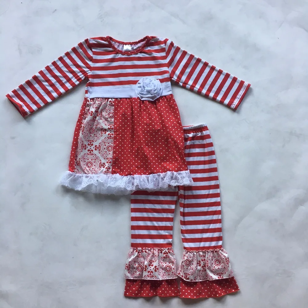 New Designs Girls Boutique Clothing Sets Full Sleeve Floral Ruffle Red Striped Pants Fall Wholesale Baby F194 | Детская одежда и
