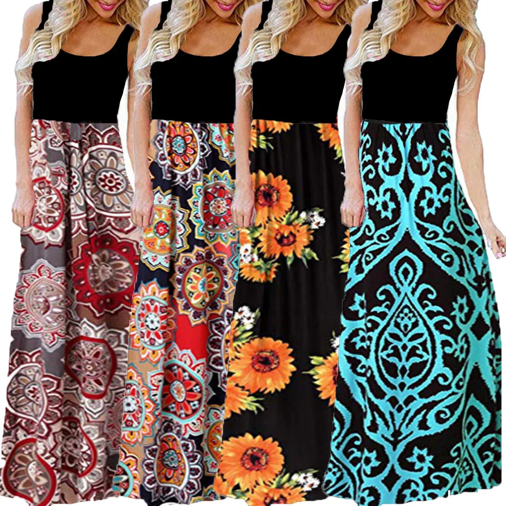 Женское длинное платье без рукавов повседневное свободное макси в богемном