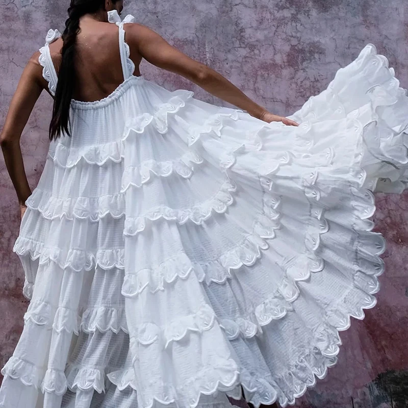 Boho Pleated Spaghetti Strap Billowing Midi Dress 2019 Summer Women Solid Loose Lace-Up Backless Beach Resort | Женская одежда