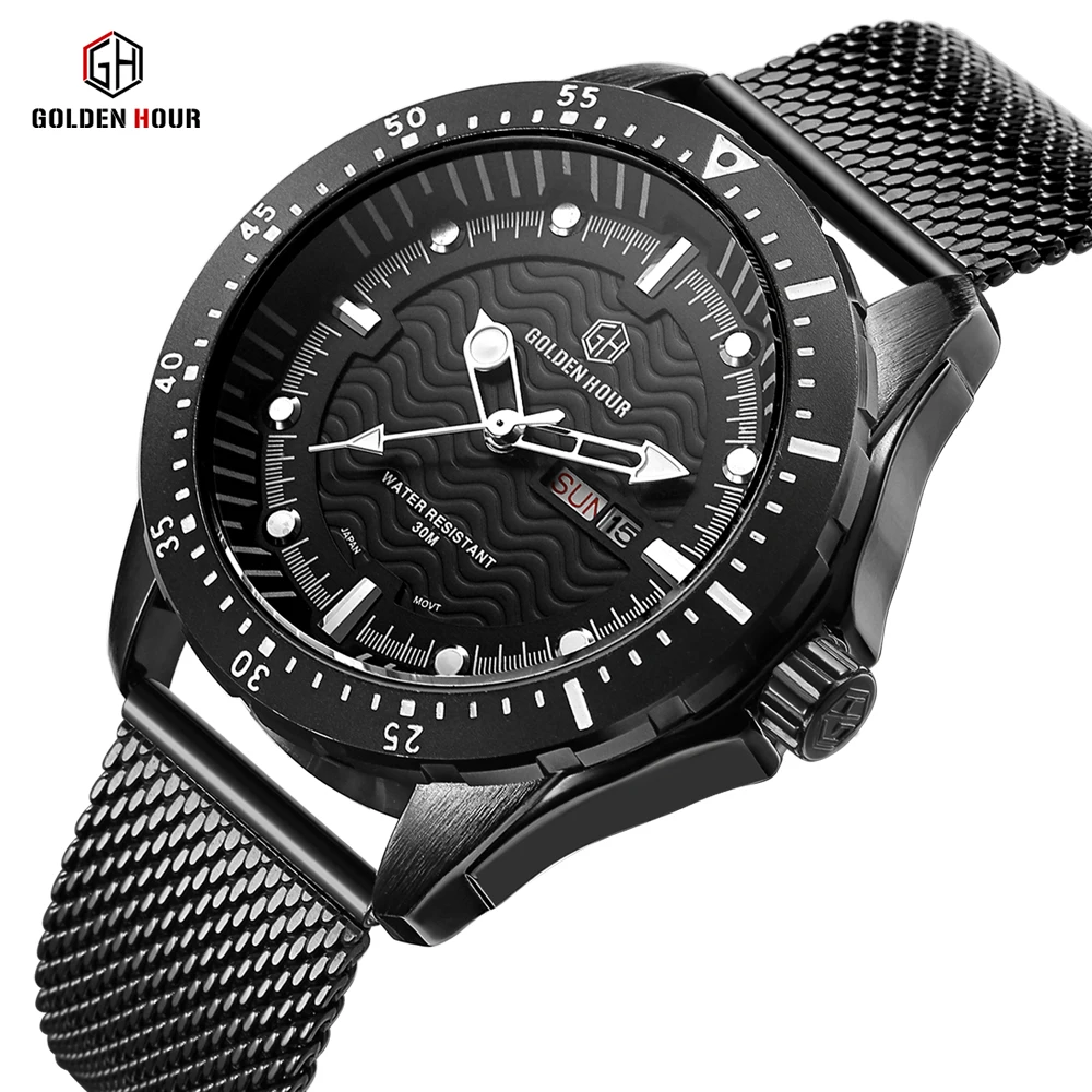 Мужские наручные часы Reloj Hombre GOLDENHOUR бизнес браслет с сеткой водонепроницаемые