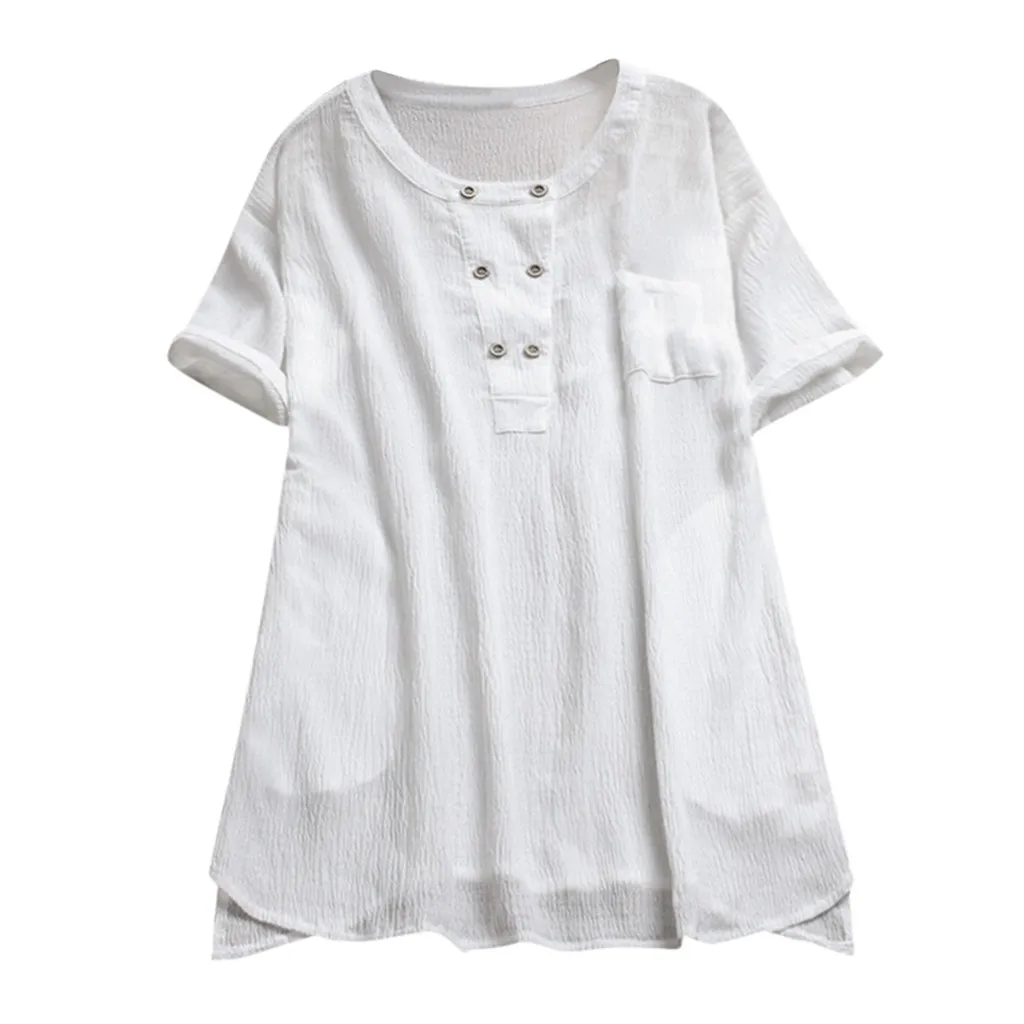 Женская винтажная блузка с коротким рукавом из хлопка и льна на пуговицах