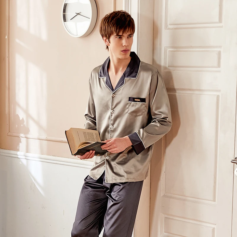 

Silk Pajama Sets Male Spring Summer New Faux SILK Sleepwear Man Two-Tones Long-Sleeve Nightwear 2-Pieces X9005