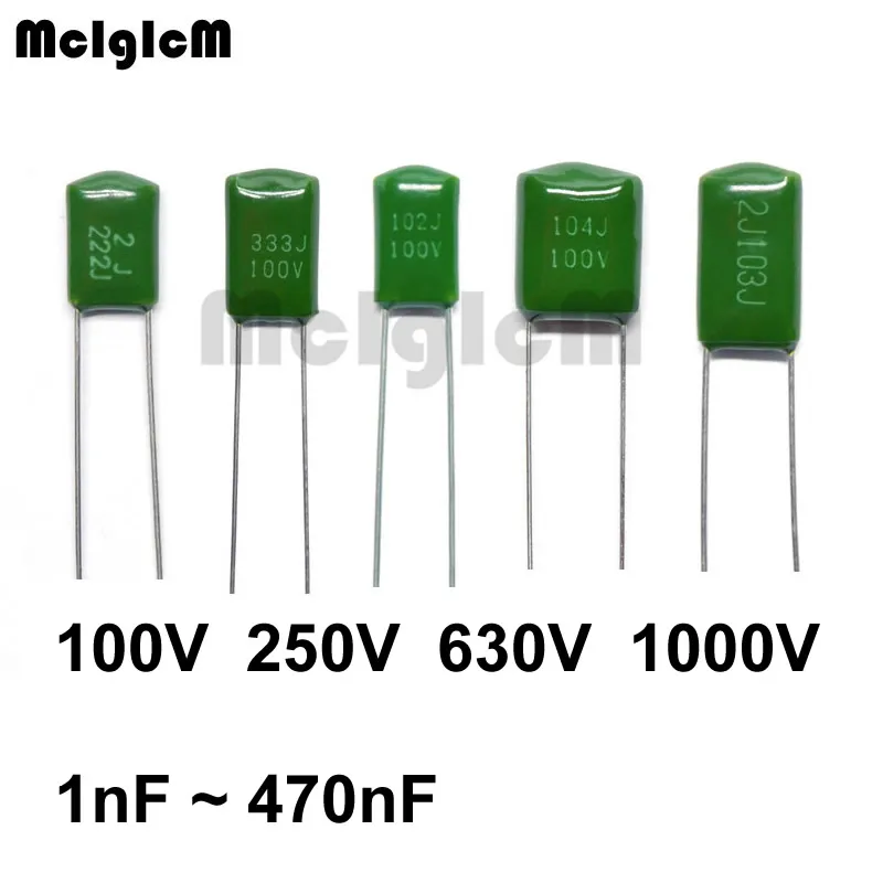 McIgIcM 1000 шт. полиэфирный пленочный конденсатор 100 в 250 630 1 нФ НФ 2A102J 2A152J 2J222J 2A392J