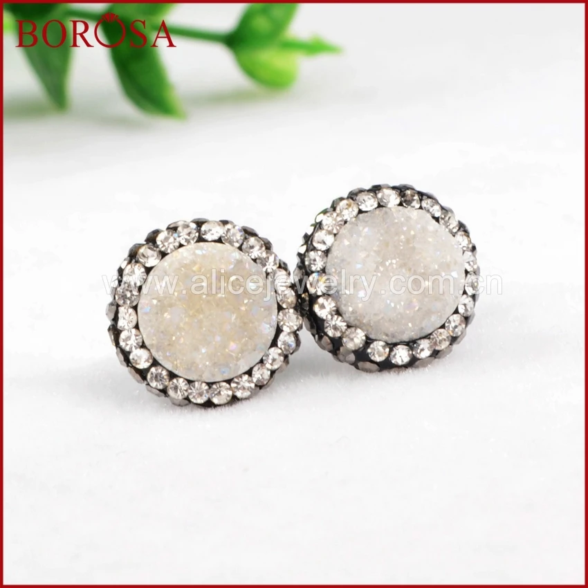 Круглые серьги гвоздики BOROSA из натурального агата Drusy титана AB Druzy с выложенным