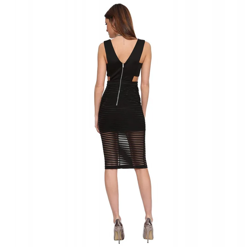 Черный Женское платье без рукавов с v-образным вырезом Sheer Stripe Bodycon vestidos вырезать