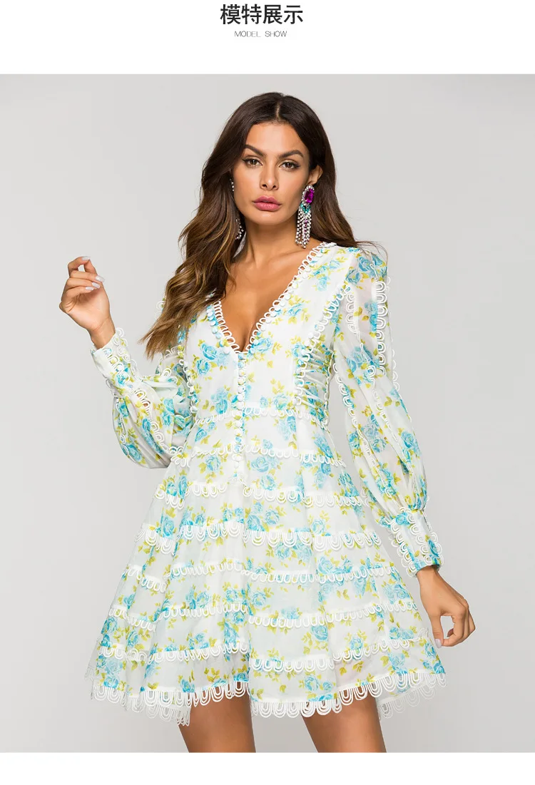 Женское кружевное платье с V образным вырезом и длинным рукавом|Женские платья| |