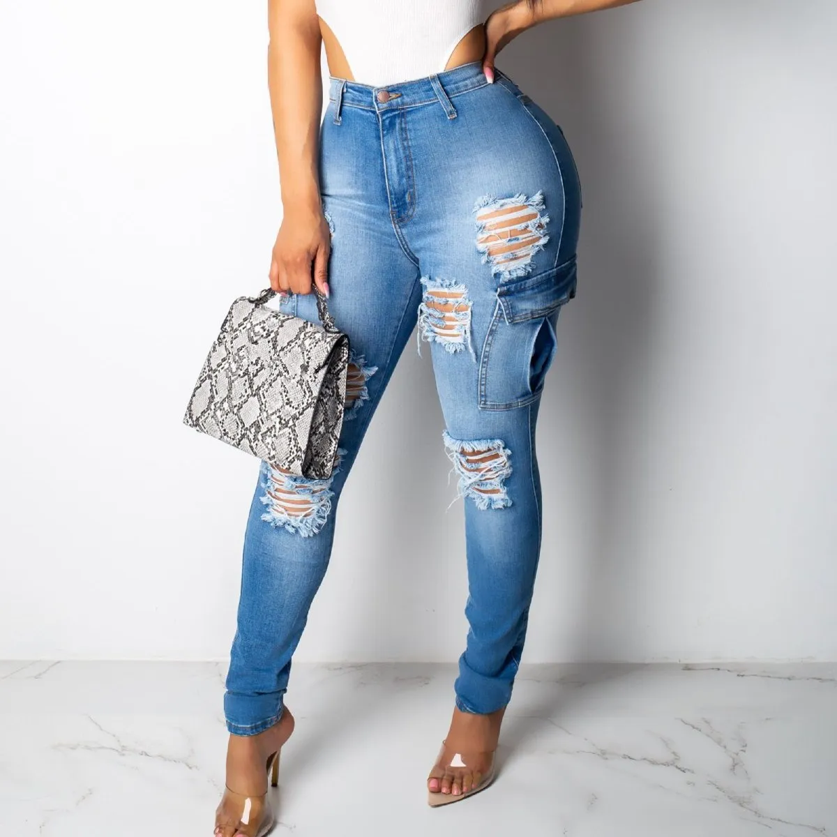 Женские модные джинсы с высокой талией и дырками сексуальные рваные узкие брюки