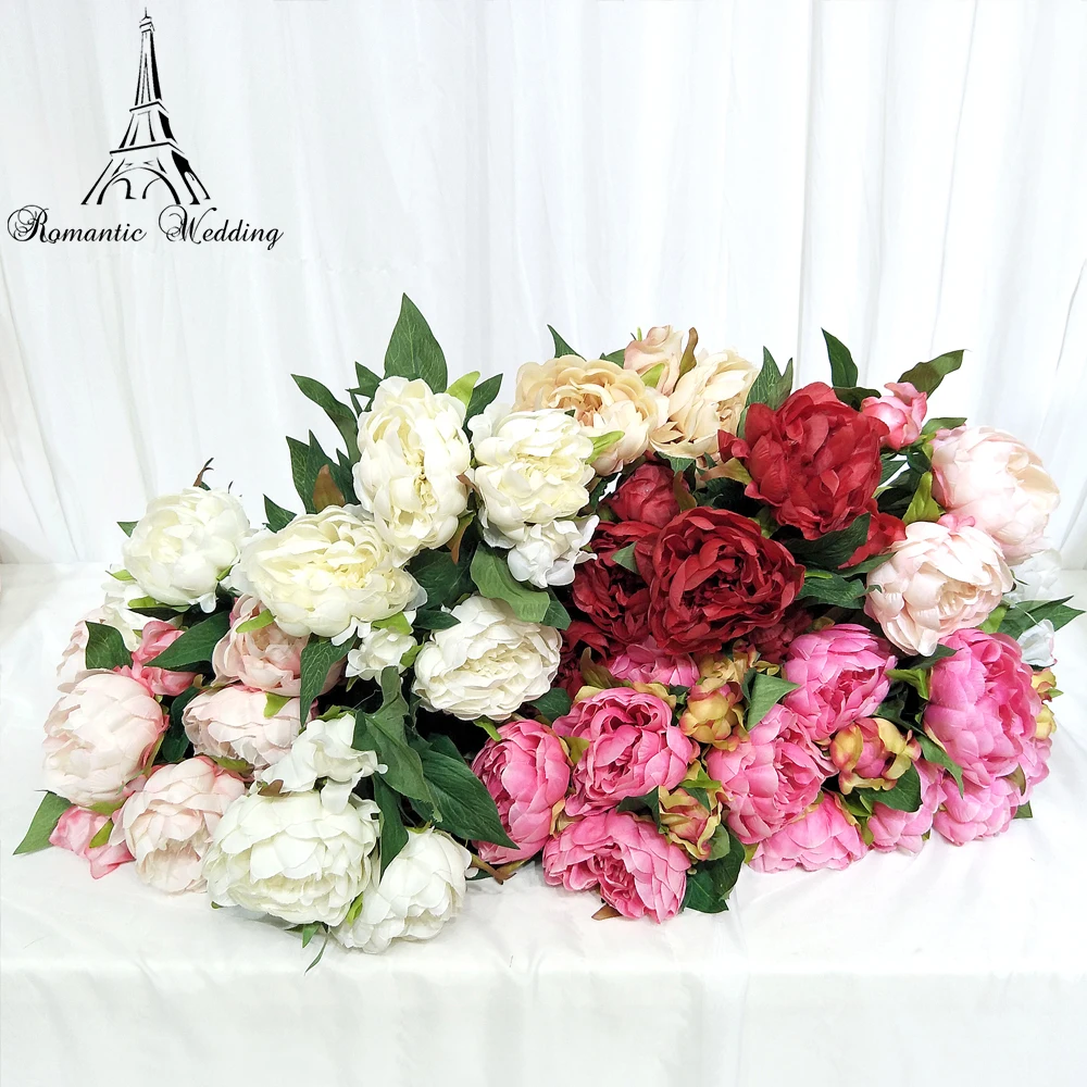 

40pcs/lot Romantic Wedding European Artificial Flower With 3 Peony Flower Set 4 Color Peony for Wedding Event Party Decoration