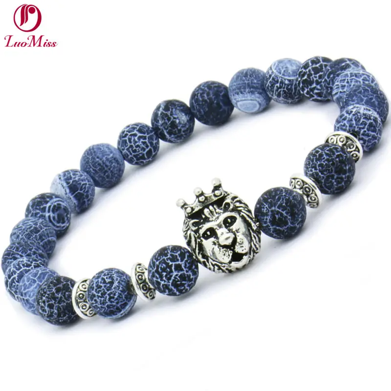 Браслеты с бусинами из натурального камня для мужчин Lucky Lion Leopard Owl черный Лава