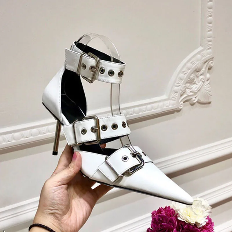 

2019 Sexy Hollow Leather Ankle Boots Woman Pointed Toe Rivet Metal Belt Strange High Heel Shoes Women Sexy Party Shoes