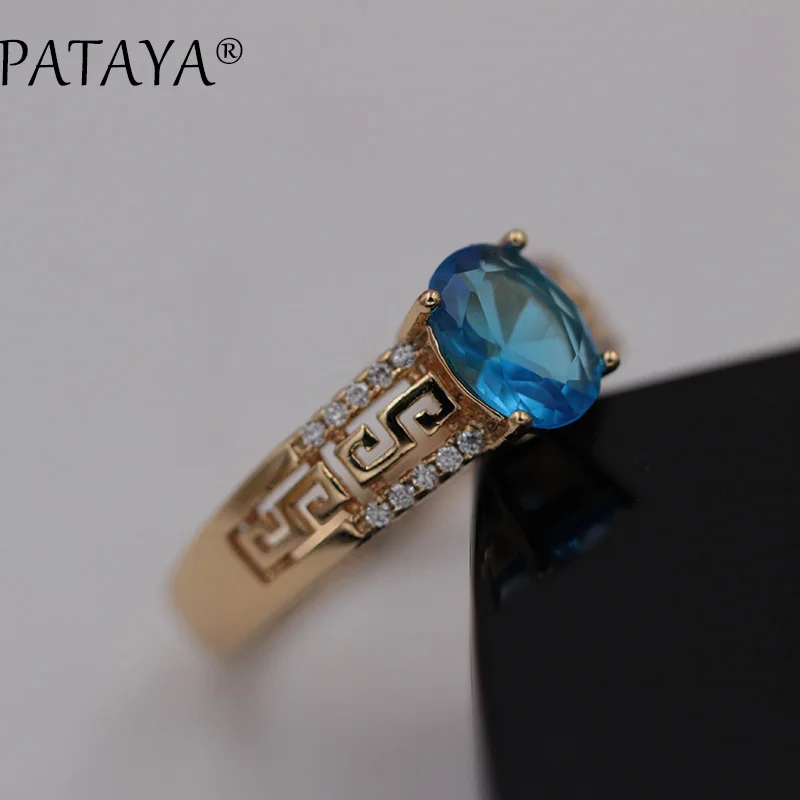 PATAYA, Новое поступление, AAA, овальный, синий, природный Цирконий, кольца для женщин, свадьба, вечеринка, изысканная резьба, ювелирное изделие, 585, розовое золото, полое кольцо