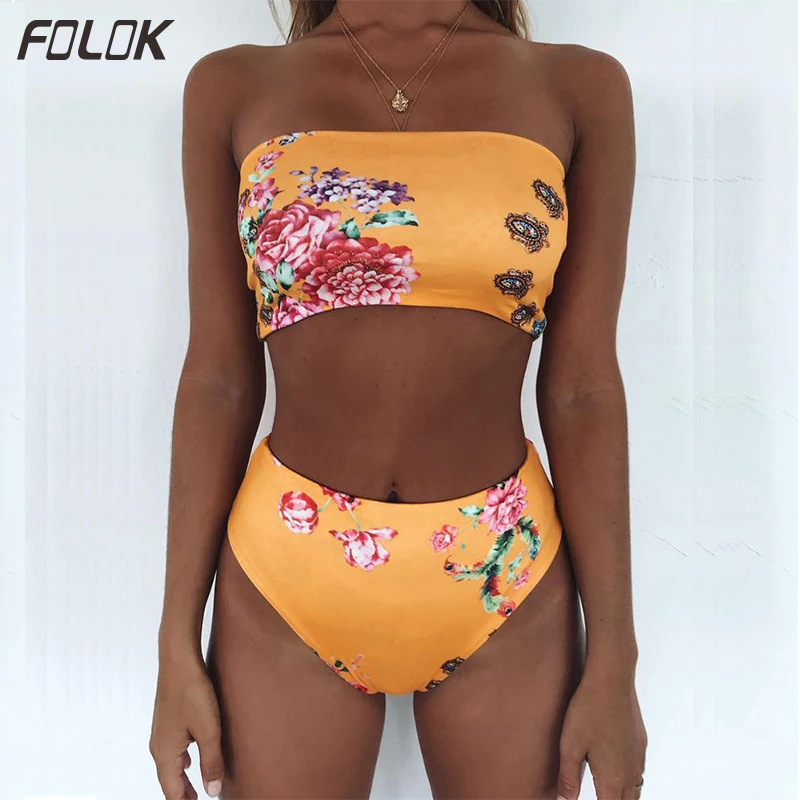 Женский купальник бандо Бикини 2019 Радужный с высокой талией сексуальный